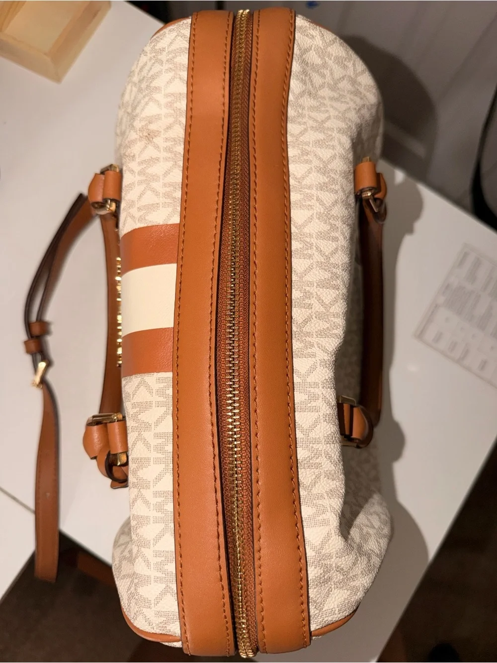 Michael Kors Tan and White Signature Stripe Satchel